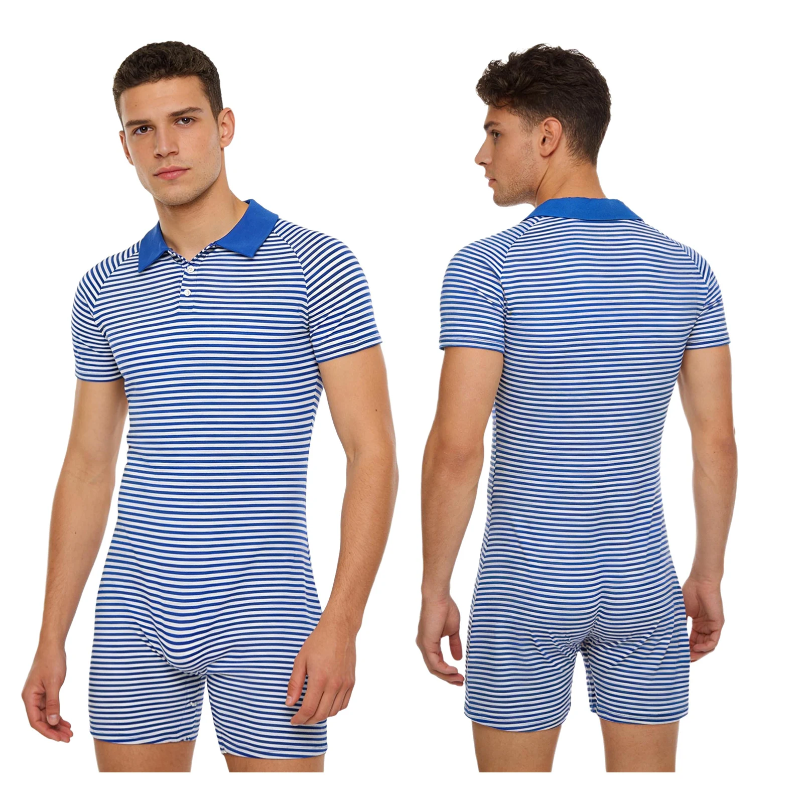 

Мужская полосатая пижама-комбинезон с коротким рукавом, отложным воротником и застежкой на пуговицах, уютный домашний комбинезон для отдыха
