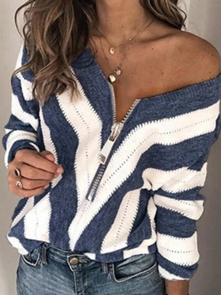 Autumn and Winter New Zipper V-neck Sweater Women\'s Loose Casual Striped Pullover Sweater Acrylic