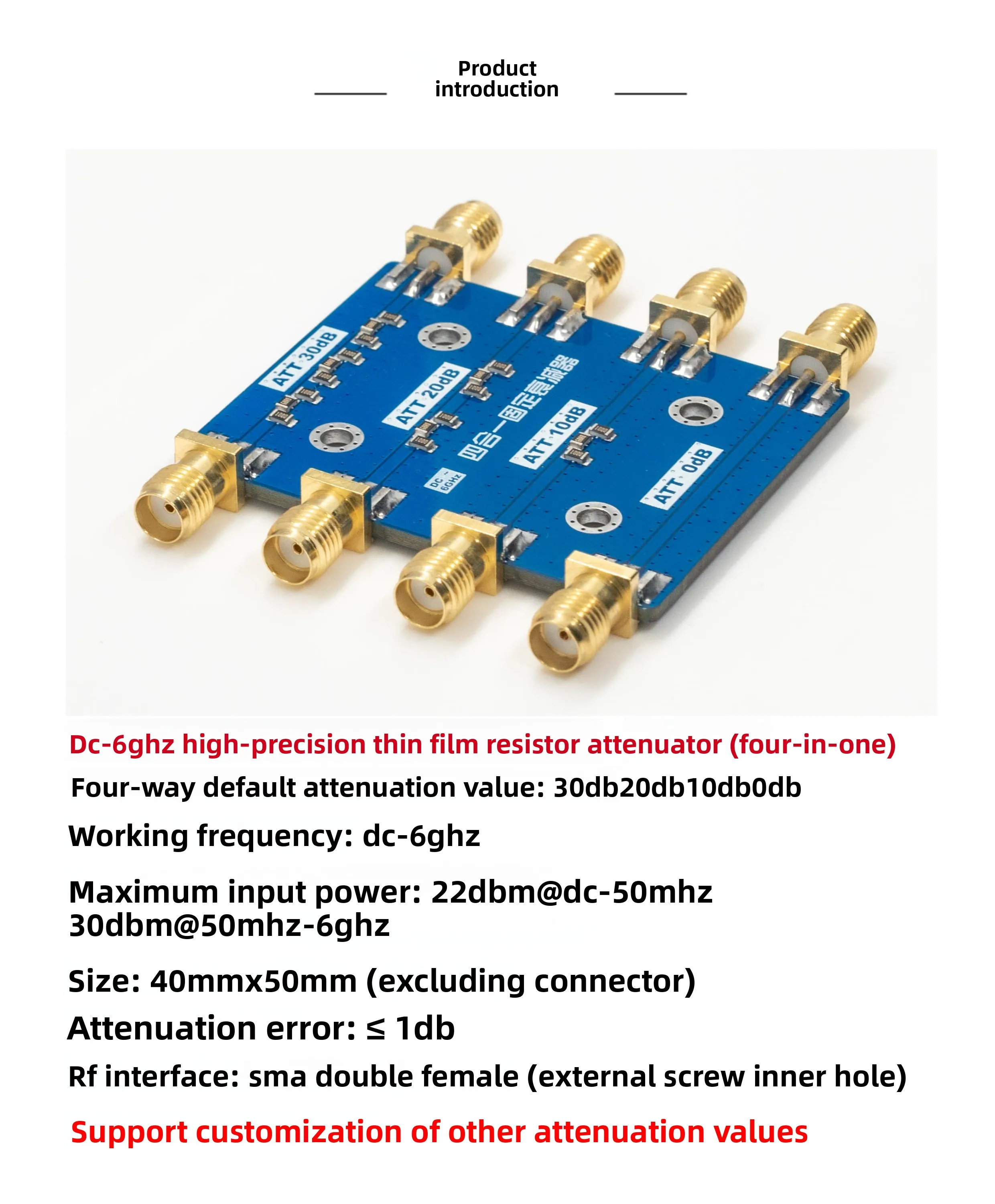 DC-6GHz Fixed Attenuator 10dB 20dB 30dB 4-in-1 High Precision Thin Film Resistor RF SMA