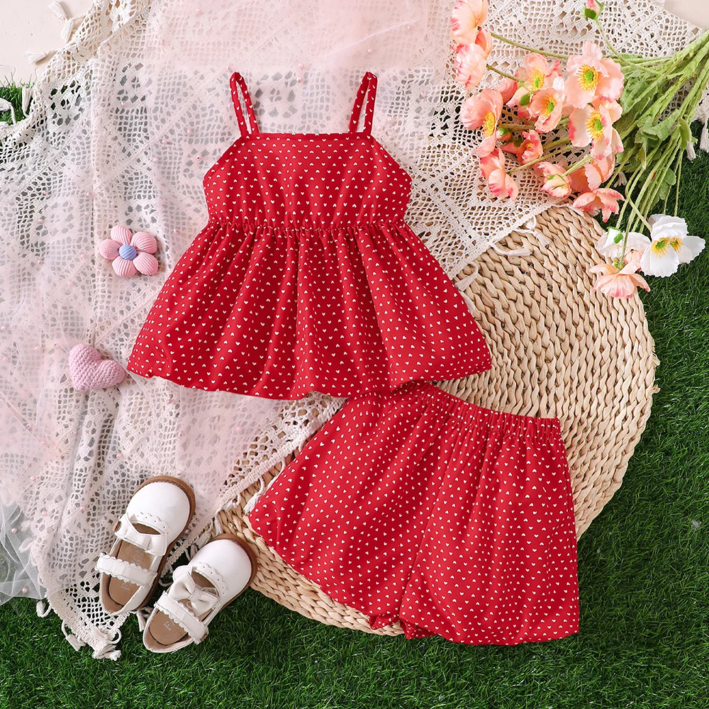 Girls' Spring/Summer New Love Printed Ruffle Top+Double breasted Shorts Two Piece Casual Set