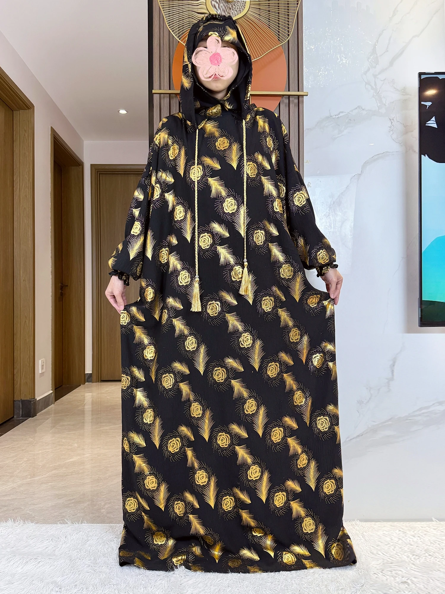 New 100% Cotton Ramadan Muslim Two-Hat Abaya Dubai Turkey Islam Prayer Clothes Rose Gold Stamp Dress Islam Women Dress Kaftan