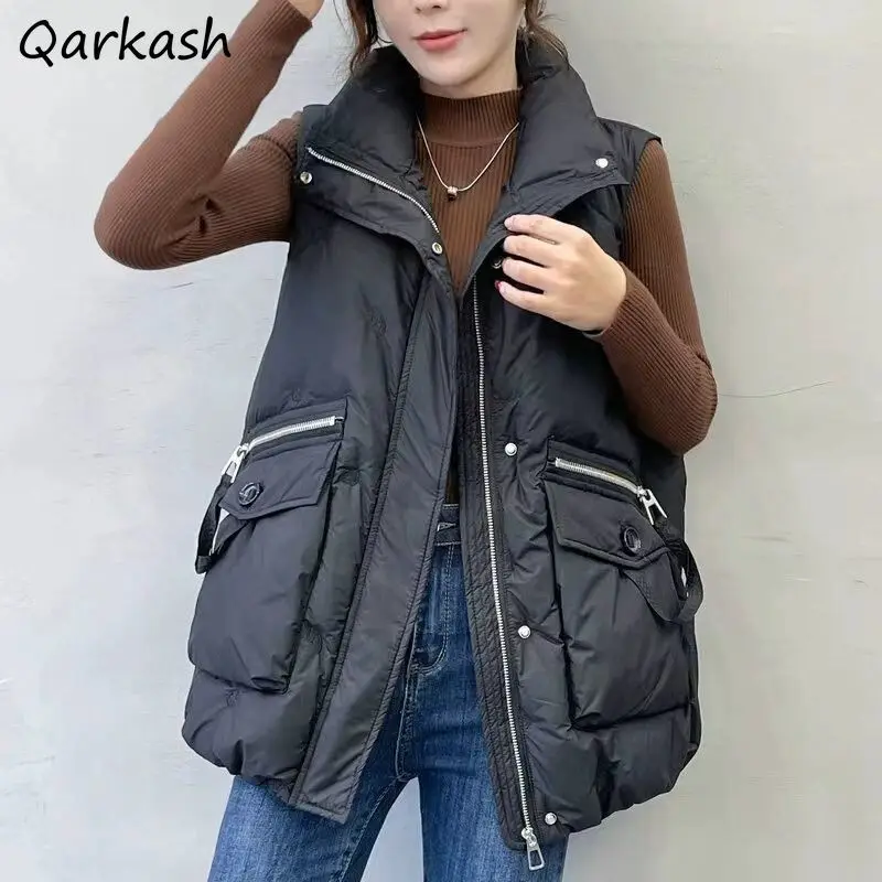 Cotton Vests Women Autumn Winter Korean Style Loose Solid Zippers Pockets Sleeveless Jackets Thermal Comfortable Fashion Basic