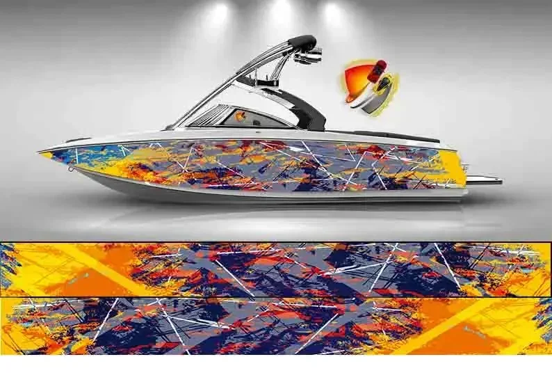 Bright Yellow and Black Modern Lines Graphic Vinyl Boat Wrap Decal Fishing Pontoon Sportsman Console Bowriders Deck Boat Watercr