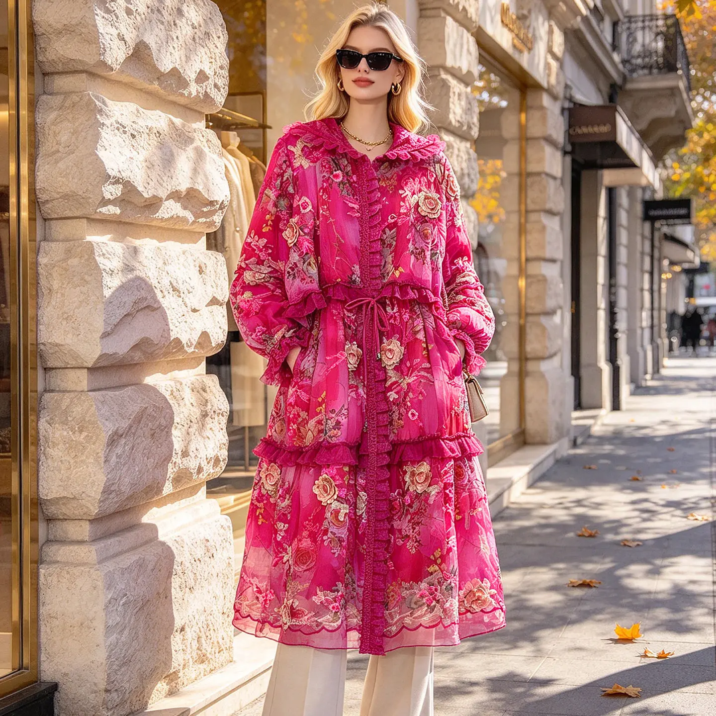 Women Autumn Winter Hooded Silk Fabric Embroidery +Print  Mid Length Adjustable Waist Detachable Liner Lady Cotton Coat