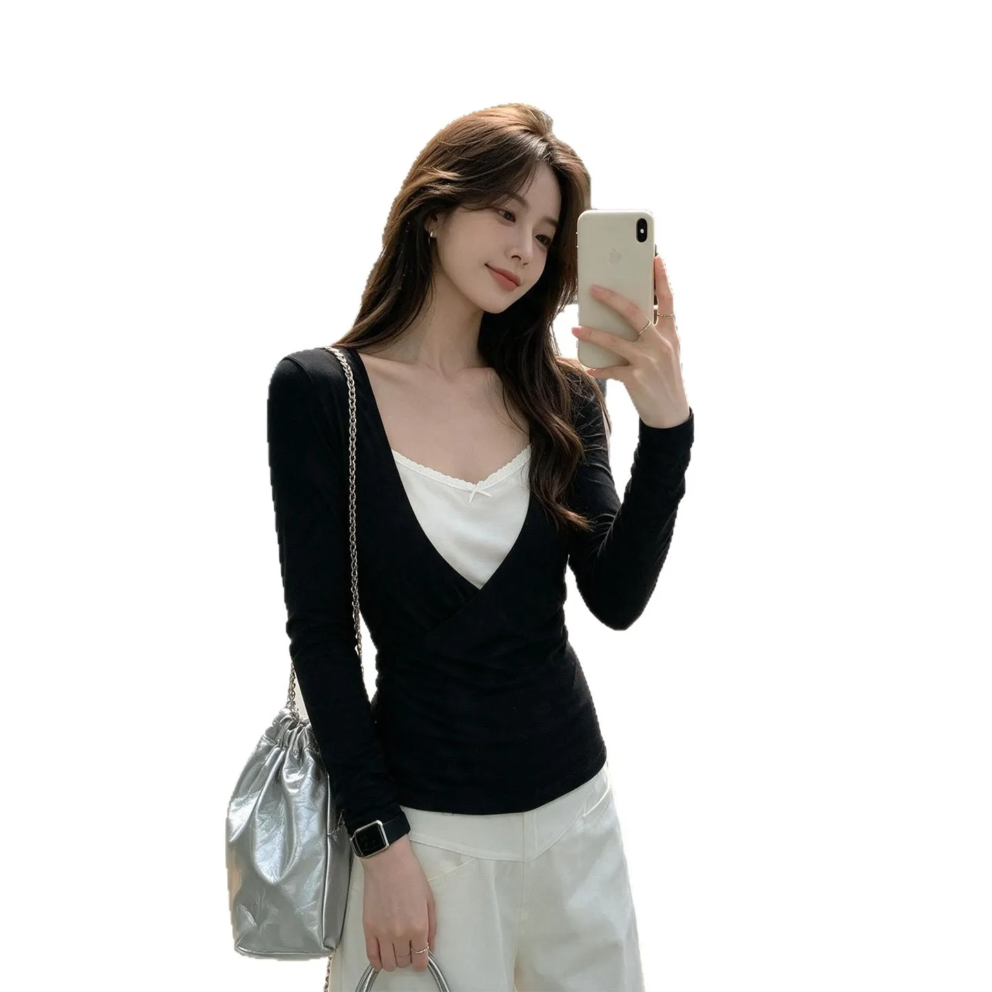 V-neck False 2 Pieces Long Sleeve T-shirts Women Kpop Fashion Slim Tops Y2K Vintage Sexy Tees Winter Cheap Clothes Woman Tshirts