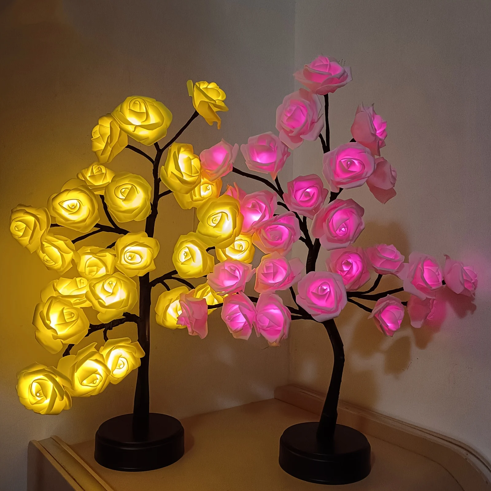 Battery USB Operated DIY Artificial Rose Flower Tree Lamp LED Tabletop Bonsai Tree Light Decoration for Valentine's Day Home