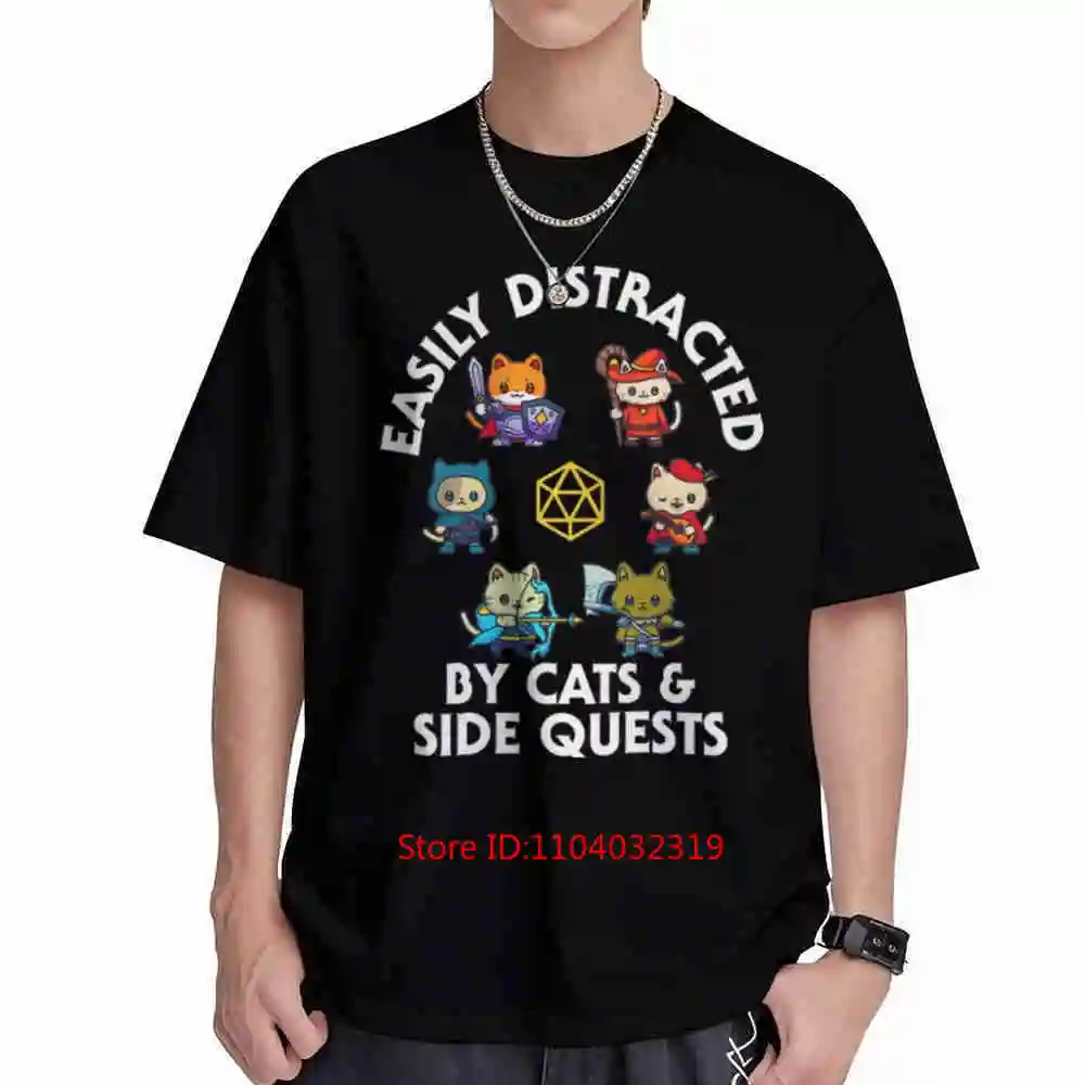 Easily Distracted By Cats Side Quests D20 Dice Short Sleeve Tee 100% Cotton T-Shirt