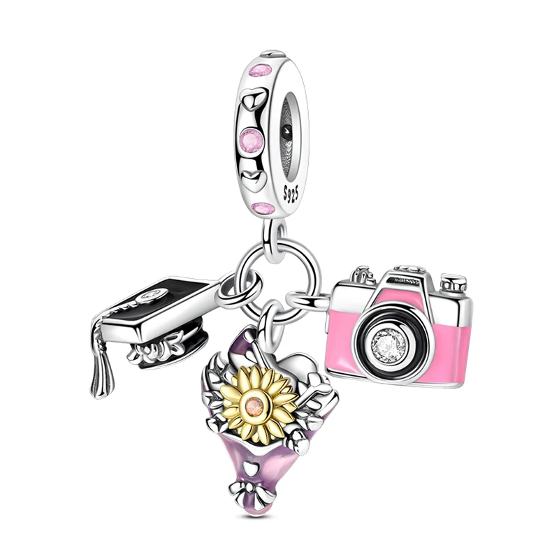 S925 Silver Color Graduation Certificate Bachelor's Hat Graduation Series Charms Beads Fit Pan Original Bracelets DIY Jewelry image 3