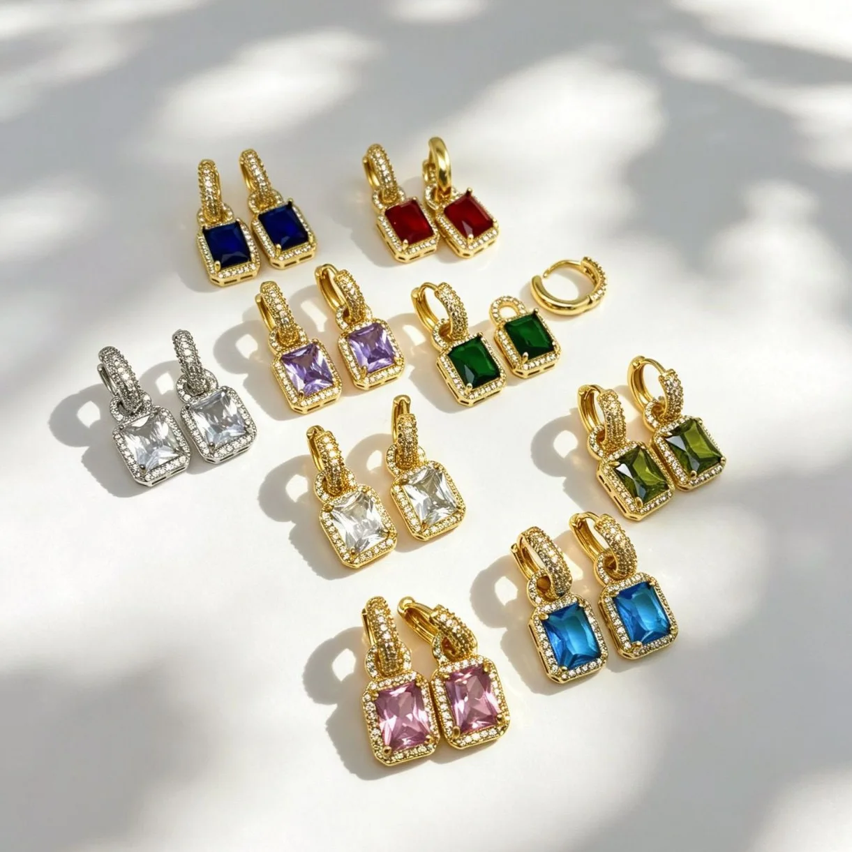 5 Pairs, Rectangle Multicolor Zircon Huggie Drop Earrings, Gold Plated Paved Crystal Dangle Earrings for Women Party Jewelry