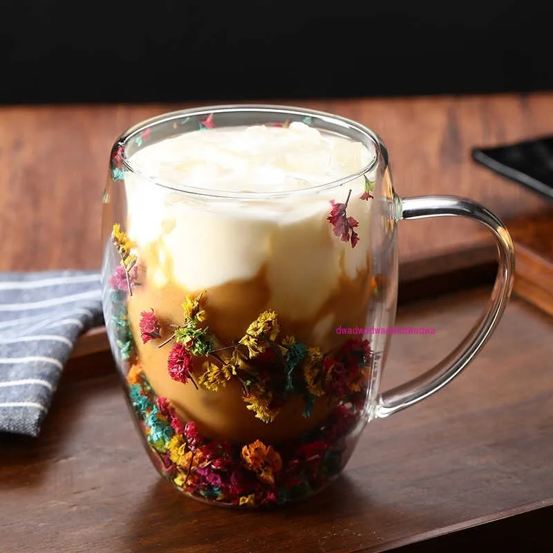 

Real flower double glass household coffee cup breakfast milk cup high value creative souvenir