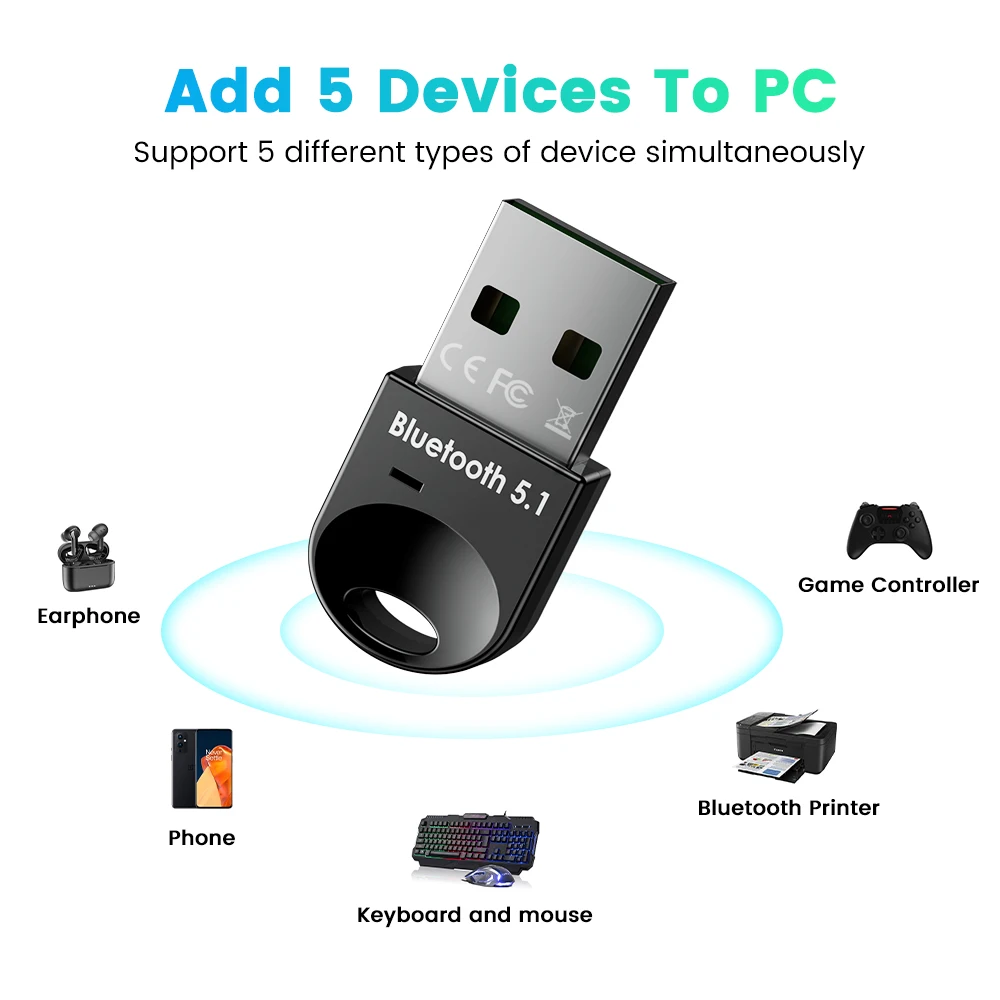 5.1 USB Bluetooth Adapter for PC 5.0 Bluetooth Dongle 5 0 Module Key Receptor BT Transmitter Aptx Receiver Audio for Computer