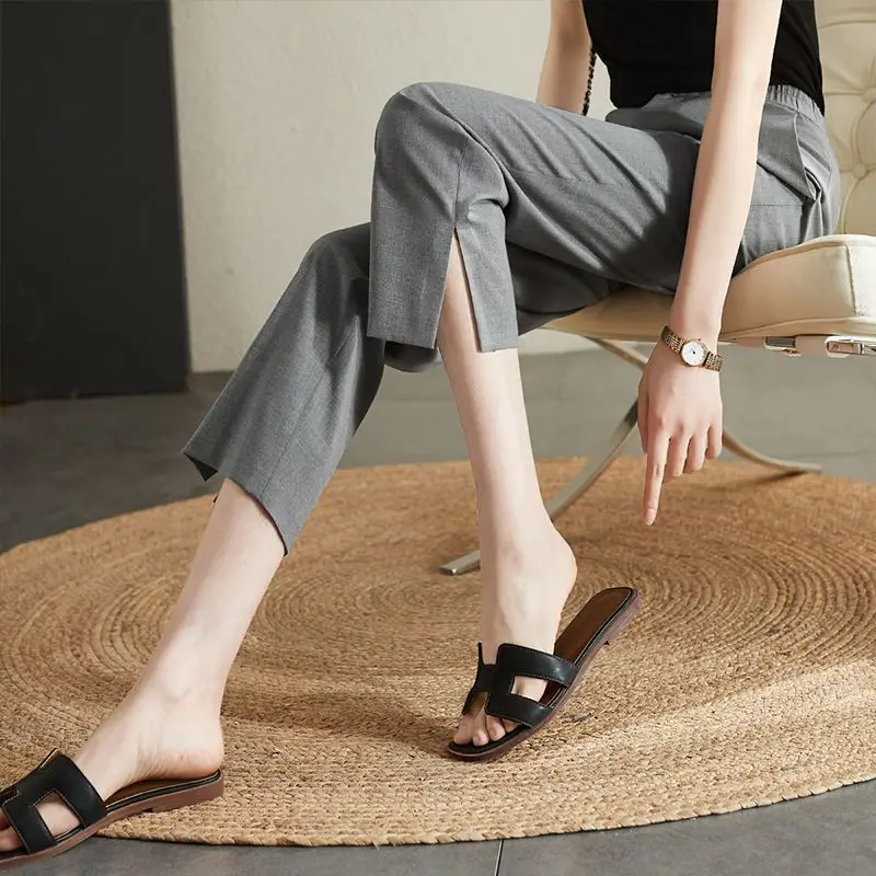 Loose Elastic Waist Simplicity Straight Solid Pockets Comfortable Pants Casual Office Lady Spring Summer Thin Women's Clothing