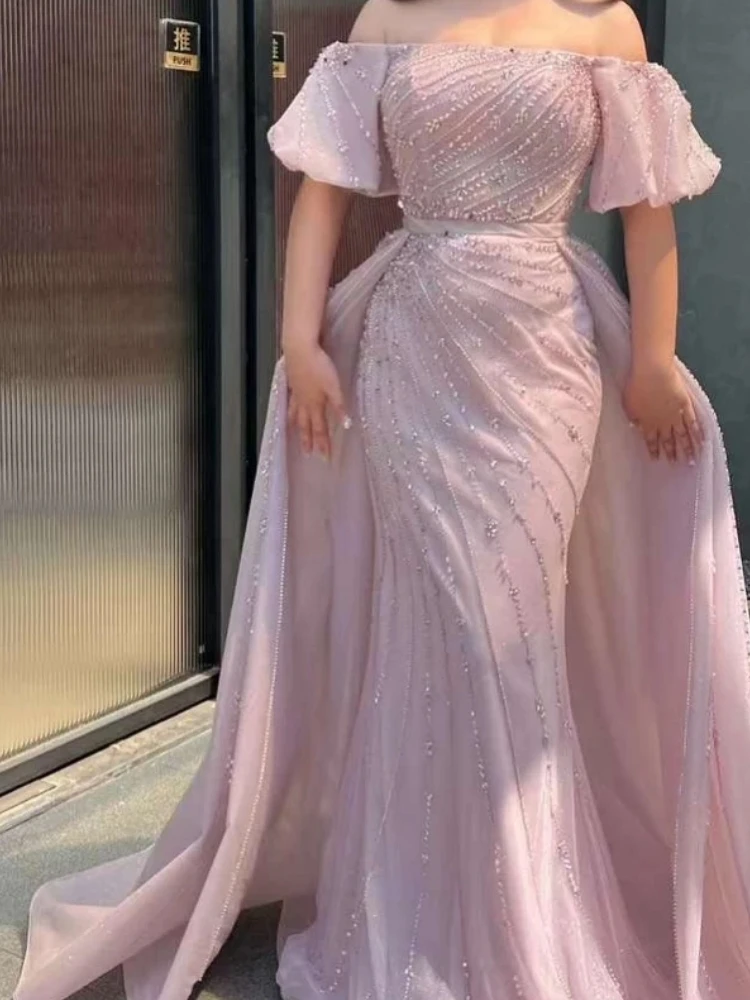 Customized Light Pink Women Evening Dress With Skirt Off Shoulder Beading Floor Length Formal Occasion Dress Party Pageant Gown