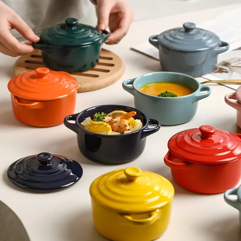 Borscht bowl Light luxury ceramic small soup cup with lid double-ear stew pot home bird's nest steamed egg special stew bowl