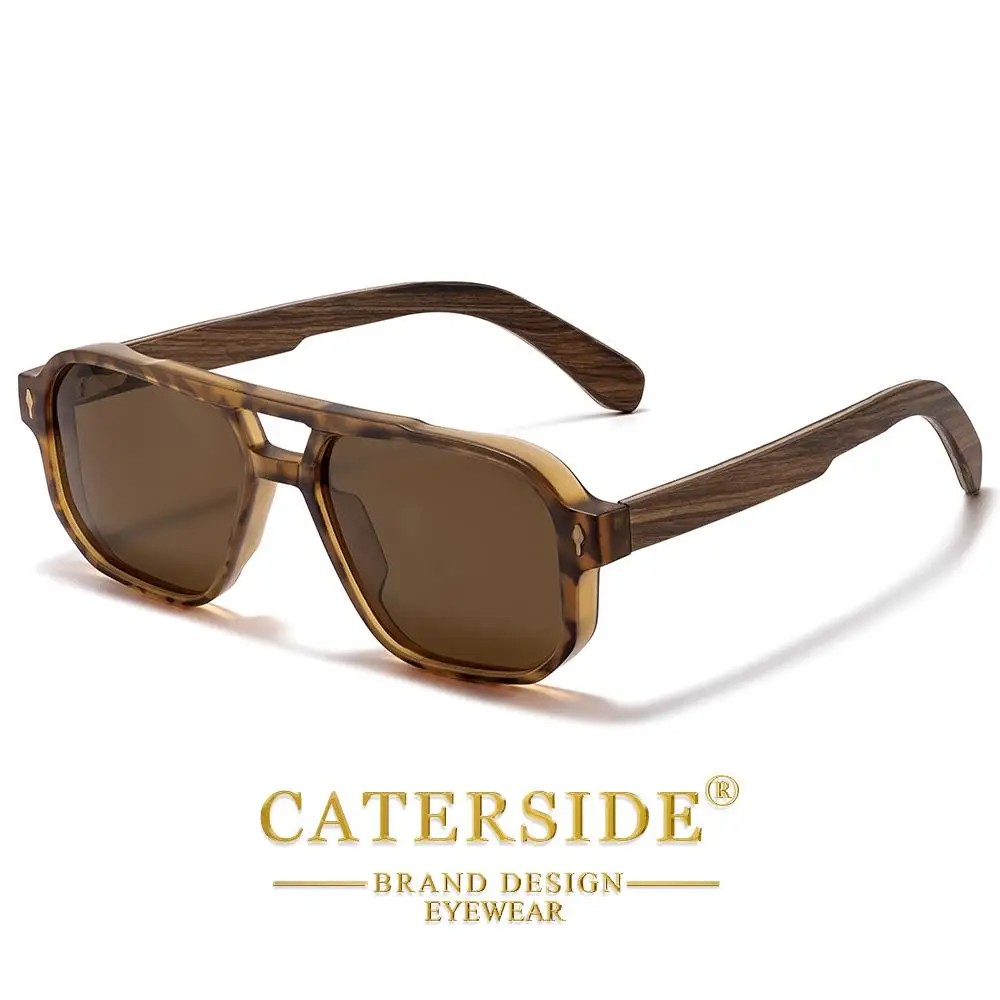 CATERSIDE Modische polarisierte Sonnenbrille für Herren, Holzbeine, flaches Doppelbrücken-Design, Sonnenbrille für Damen, Outdoor-Sommerbrille – Detail 13