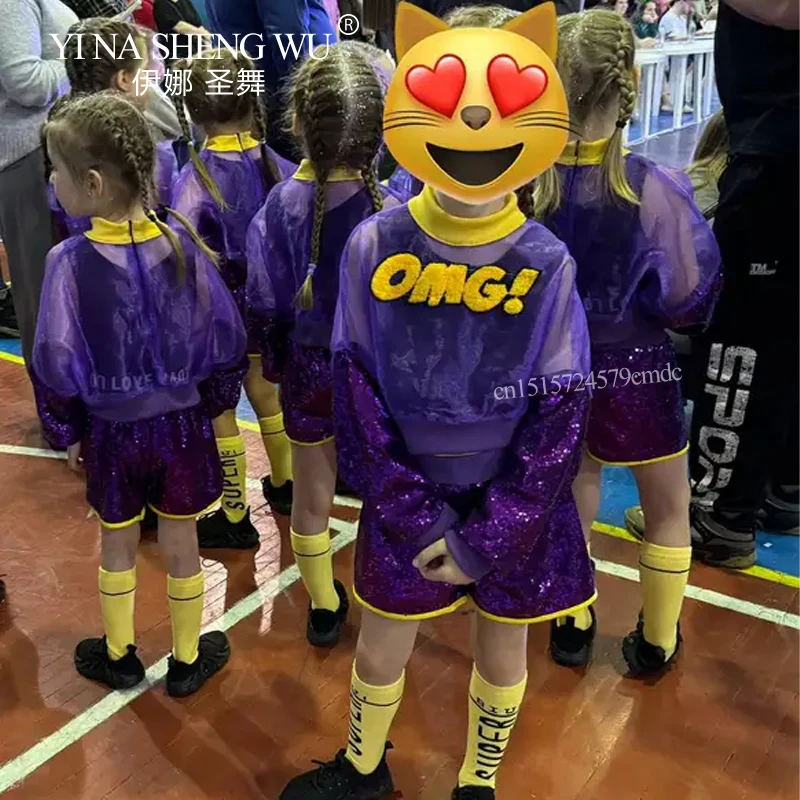 Girl's Jazz Dance Costume Children Fashion Street Hip Hop Jazz Dance Stage Performance Purple Sequin Costume Jazz Dancing Outfit