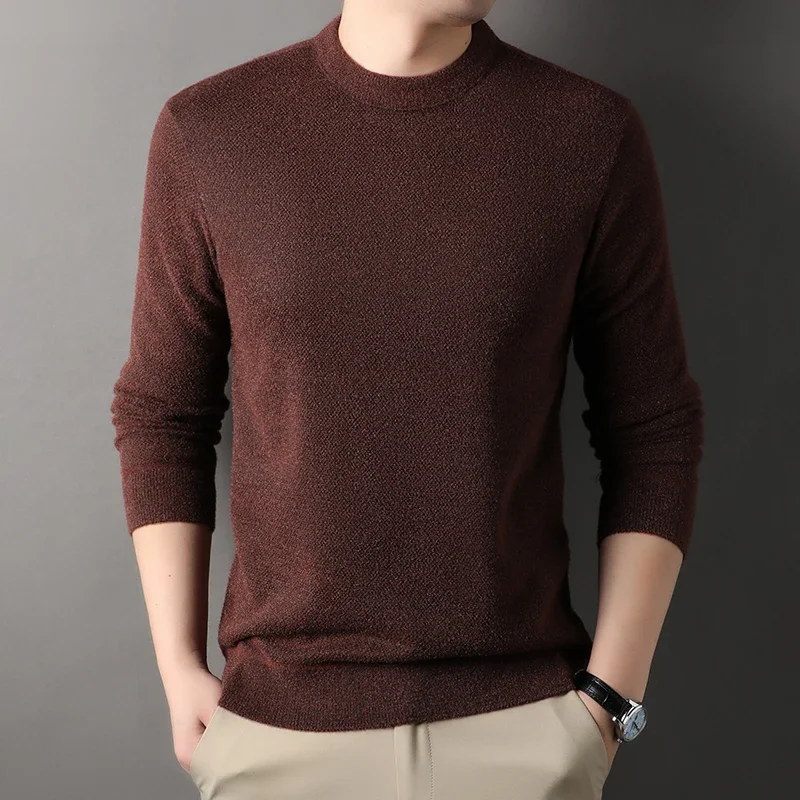 Winter men\'s round neck thickened sweater knitted pullover solid color long sleeved casual daily warm coat