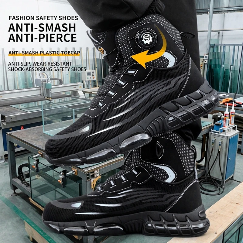 Black Dirt Resistant Knob Buckle Safety Shoes, Protective Shoes, Work Shoes, Anti Smashing and Anti Piercing, Heavy Industry