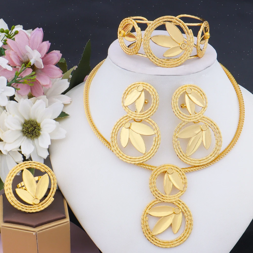 

Classic Clover Gold Plated Jewelry Gift Necklace Earrings Bracelet Ring Set for Women Girl Bride Charm Bangle for Party Wedding