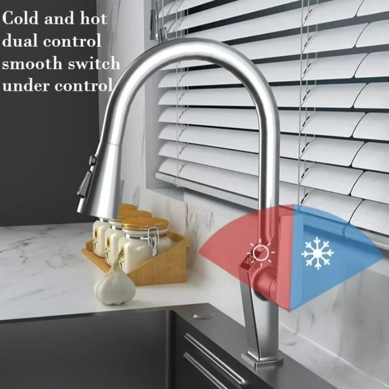 LED Digital Display Kitchen Faucet Pull-out Type Rotatable Three-function Cold & Hot Stainless Steel Splash-proof Sink Tap