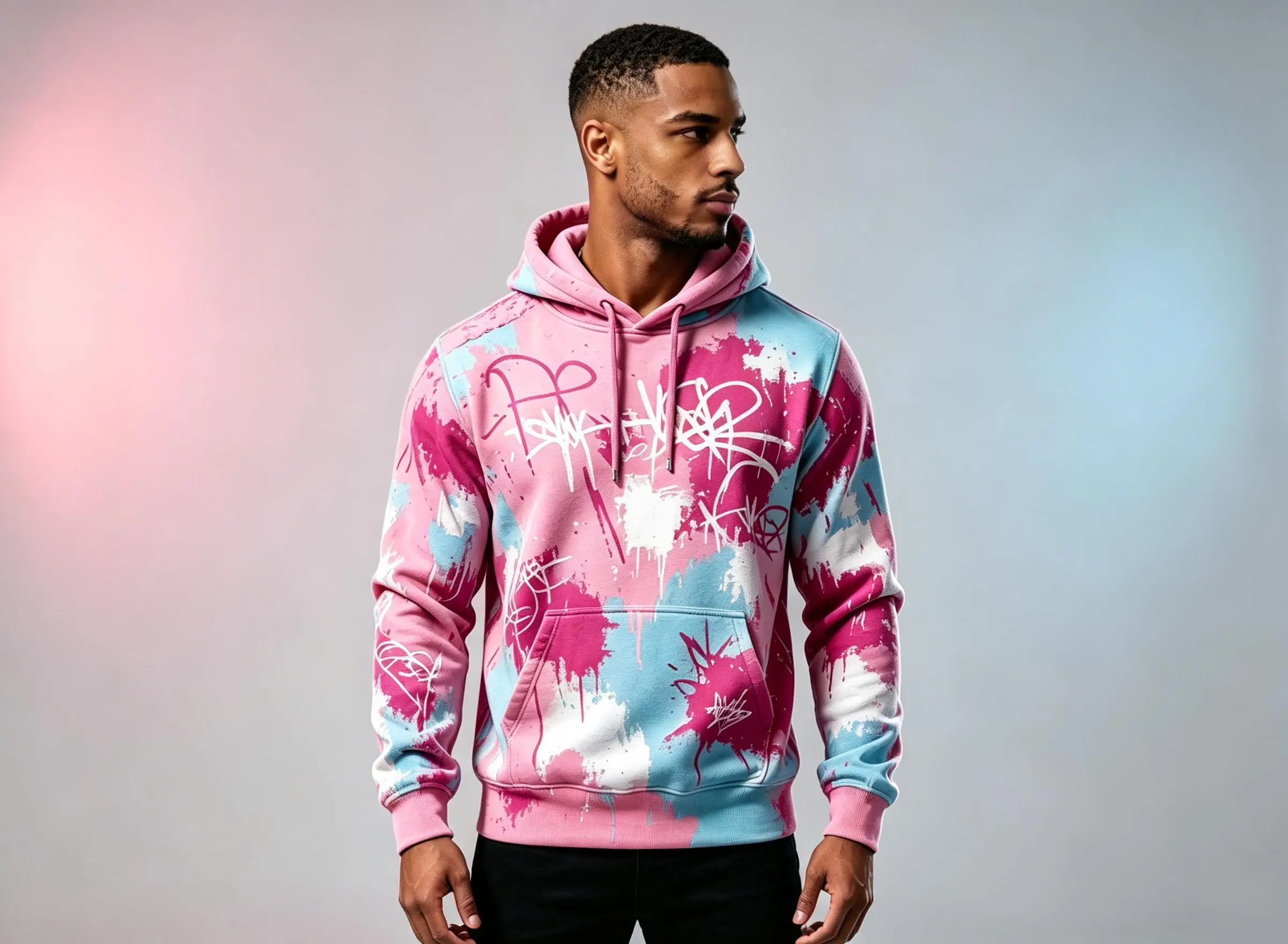 Men Fleece Lined Hoodie Pink Blue Splash Graffiti Print Drawstring Pullover Streetwear Sweatshirt