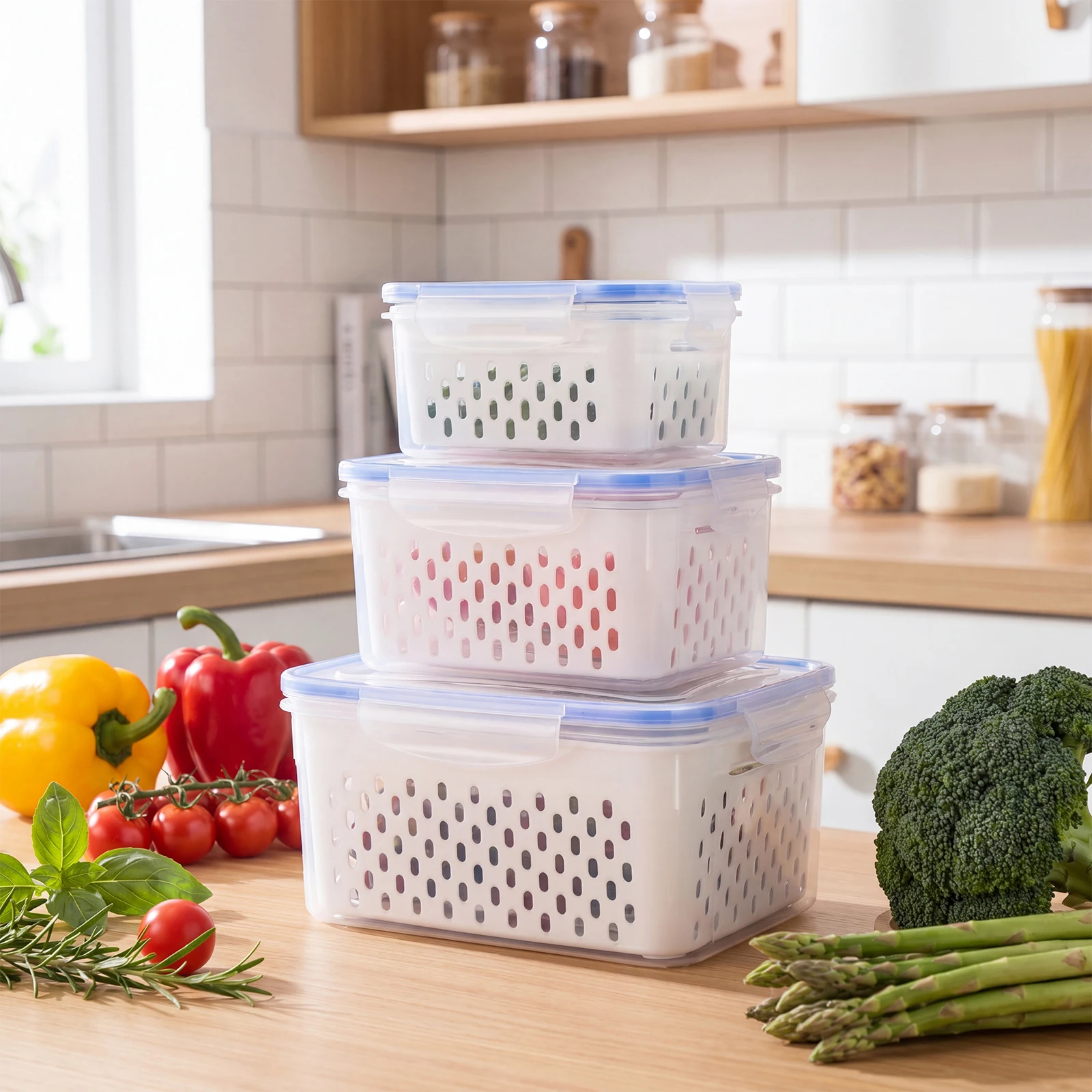 3Pcs Fridge Food Storage Container Leakproof Stackable Airtight Produce Storage Containers for Keep Berry Fruits Fresh Longer