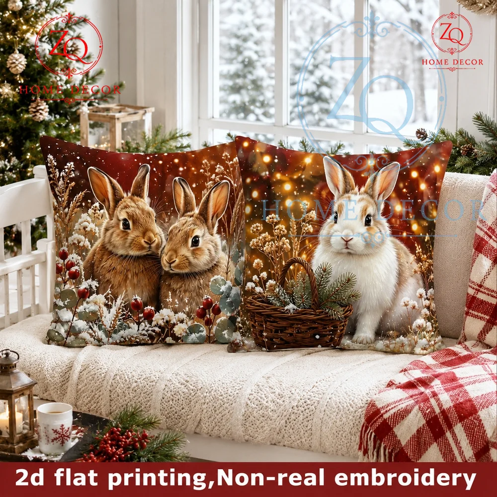 Christmas Rustic Rabbit Throw Pillow Covers Winter Snowy Warm Holiday Decor Cushion Cases for Sofa Bed Couch