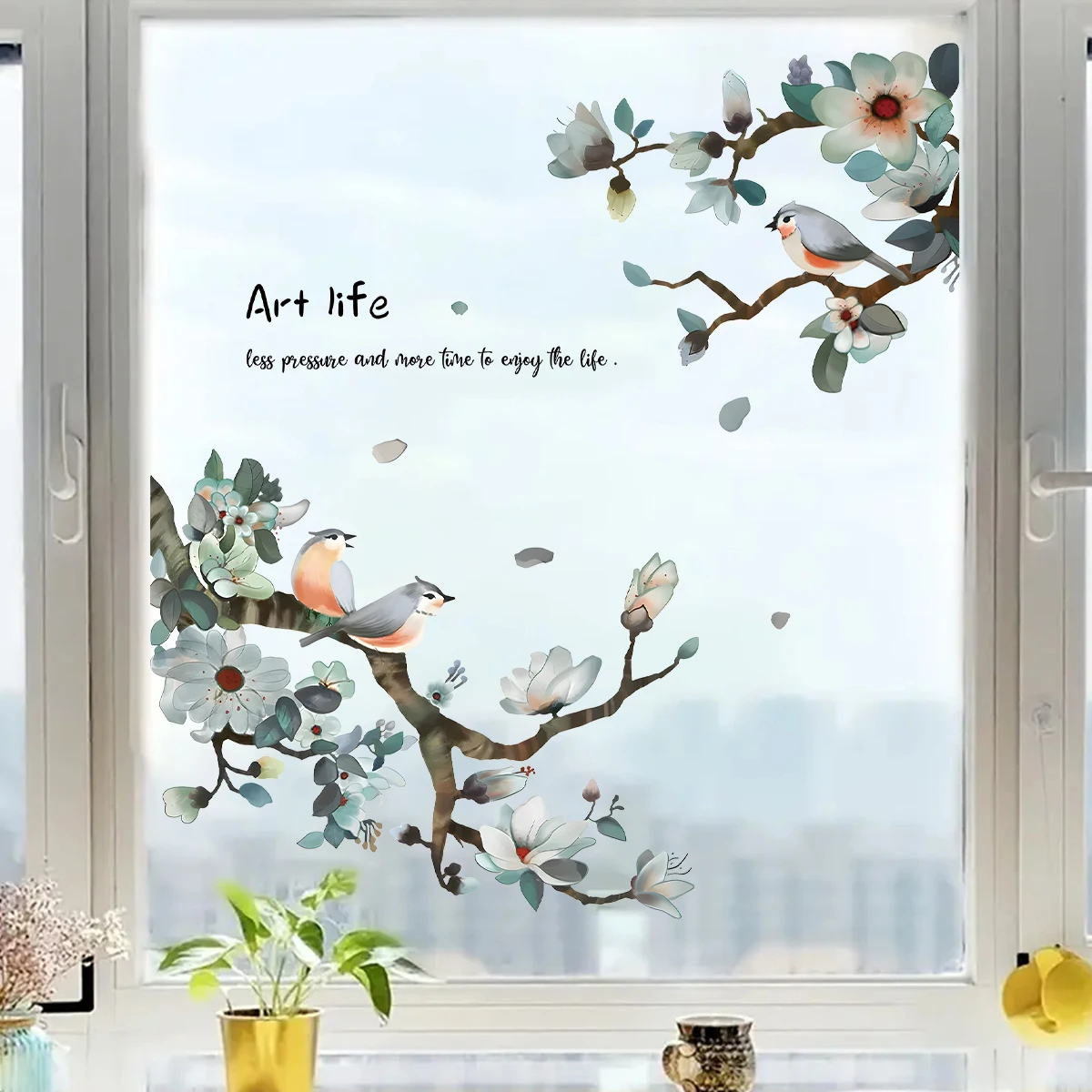 Watercolour Branch Flower Bird Wall Stickers Decoration for Windows Bedroom Children's Home Decor Living Room Wall Decals DIY