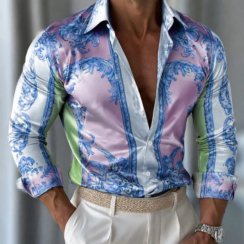 Men's shirt, Baroque printed long sleeved shirt, leopard print contrasting shirt, business casual lapel top, comfortable fabric