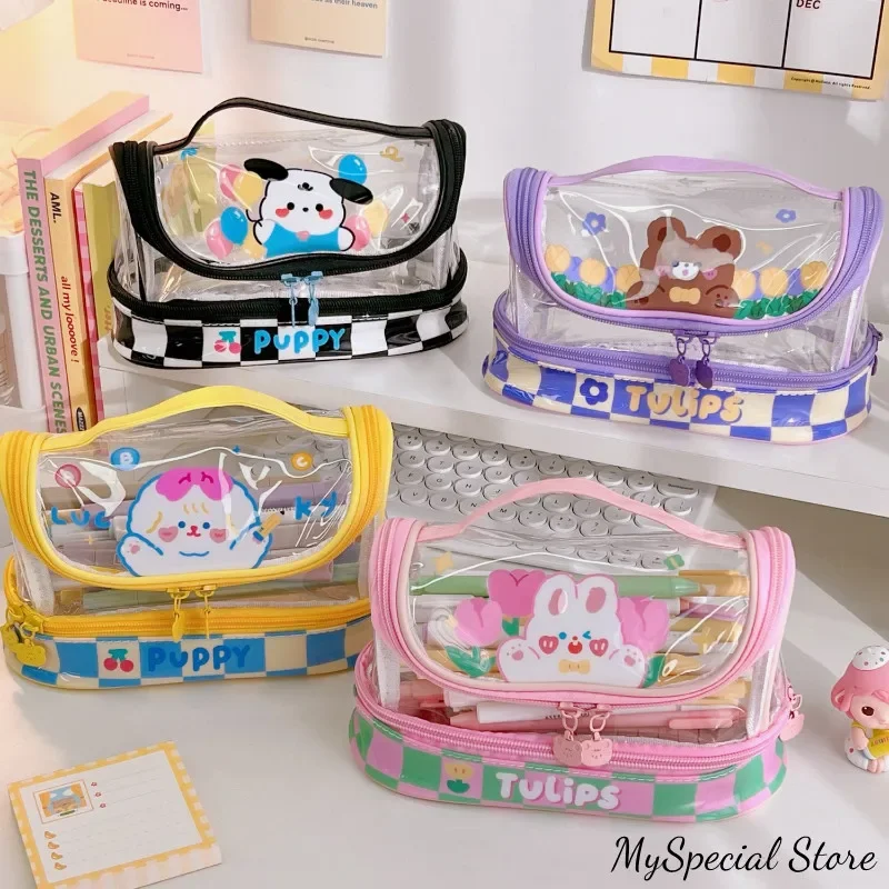 Caso de lápis transparente coreano, bonito dos desenhos animados adorável animal lápis saco, papelaria de alta capacidade armazenamento, estudante fornecedor, Ins
