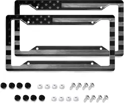 American Flag License Plate Frames Retro Patriotic USA Black White Stars and Stripes Flag Aluminum Holder Cover 2 Pack Car Tags