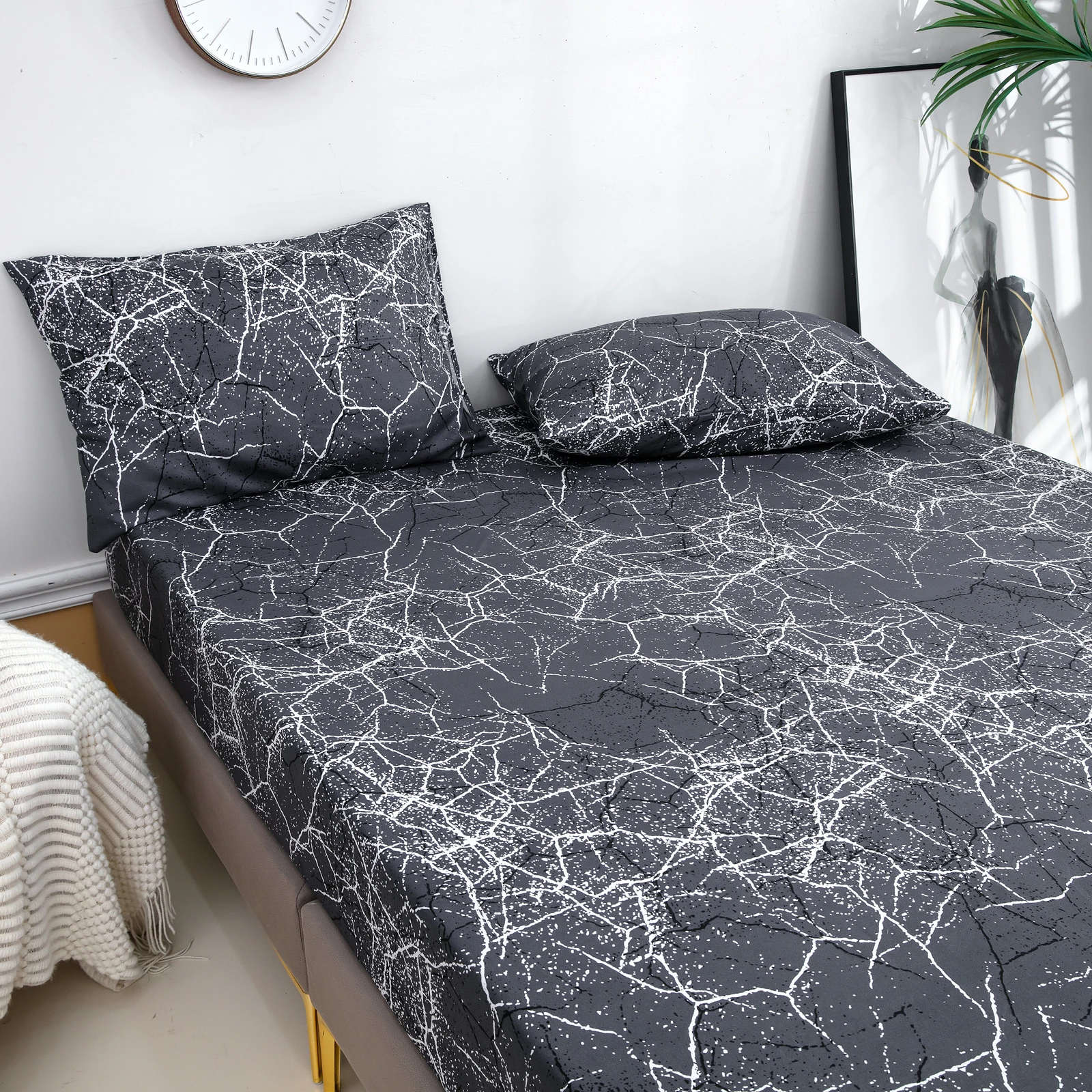 Marble-Patterned Polyester Fiber Three-Dimensional Dirt-Resistant Fitted Sheet, Soft and Comfortable Printed Fitted Sheet, 1-Piece Mattress Cover (Excluding Pillowcase, Pillow Core), Polyester Mattress Cover, Bed Protector, Suitable for Bedroom, Dormitory, Guest Room, All-Season Use, Machine Washable