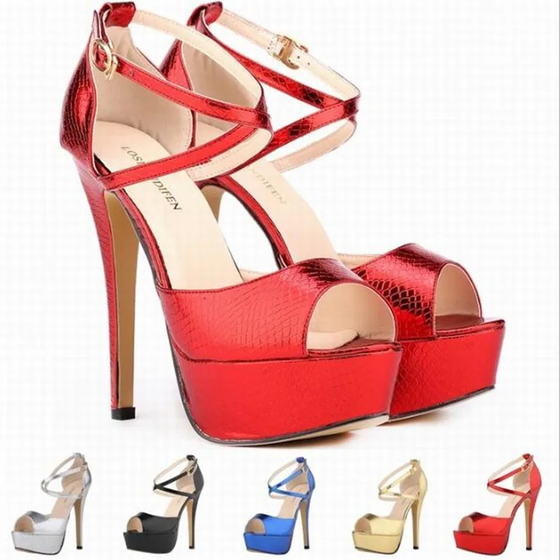 

Women's Heeled Sandals Patent Leather Ankle Strap Peep Toe 14CM Thin High Heels Buckle Strap Waterproof Women Shoes Size 35-42