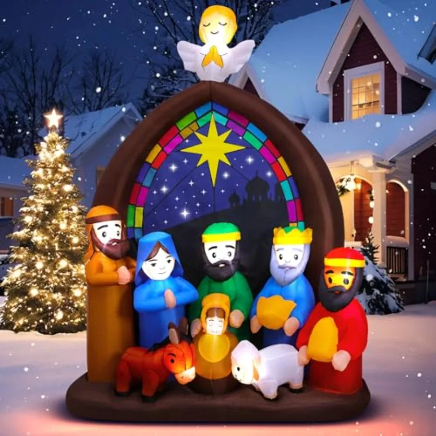 

8FT Christmas Inflatables Nativity Scene Outdoor Decorations with LED Lights, Large Christmas Jesus Blow Up Yard Decorations Na