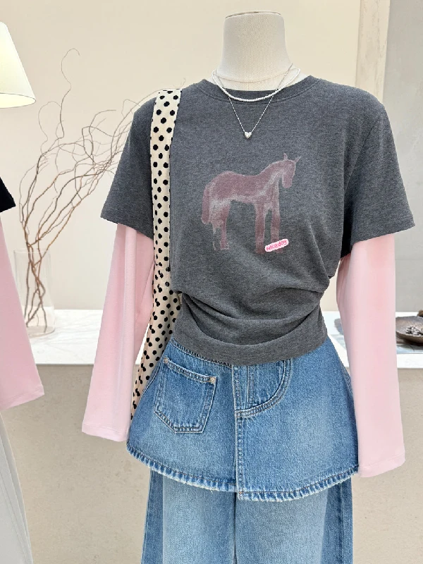 

plus Size Women's Long Sleeve T-Shirt Spring Loose Base Layer Top Printed Color Block Velvet Fabric Clean Fit round Neck Tee