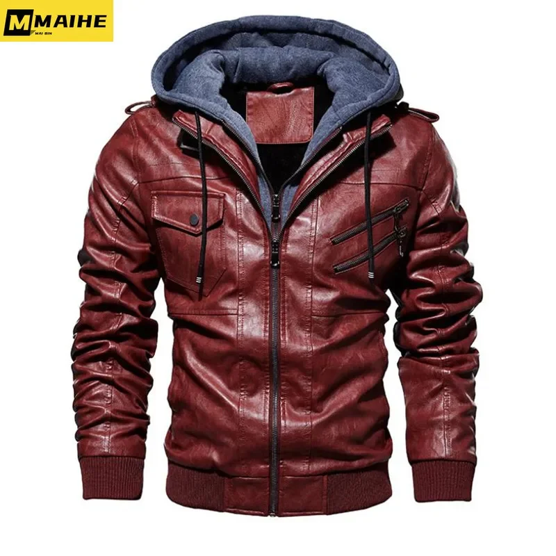 Winter High Quality Men\'s Leather Jacket Motorcycle Hooded Jacket Male Warm Casual PU leather Coat Fleece Men\'s Coats Clothing