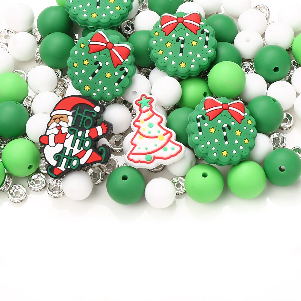 32Pcs Green Silicone Bead Combination Set Suitable For DIY Christmas Baby Christmas Pacifier Chain Clips Teether Chew Toy