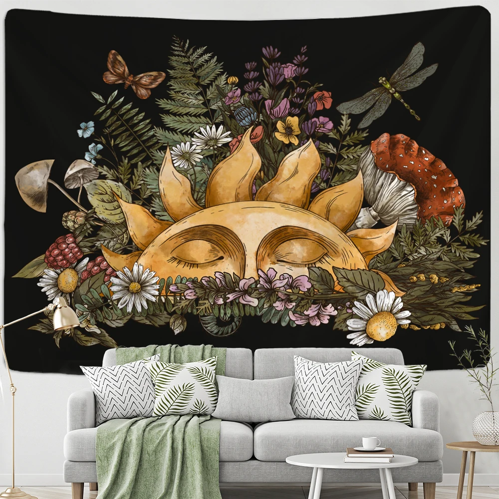 Vintage Psychedelic Mushroom Sun Tapestry Plant Celestial Floral Wall Hanging Hippie Tapiz Dorm Decor