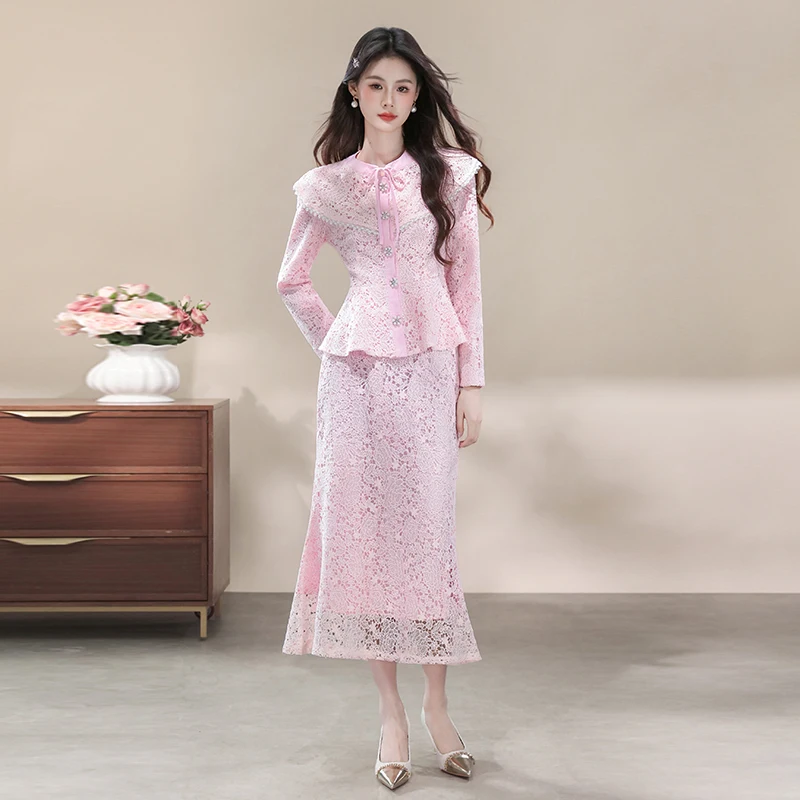 

European Korean Style Women's Fashion Set High Waist Lace Trim Blouse with Pleated Skirt Long Sexy Butt Cover Two-Piece Suit