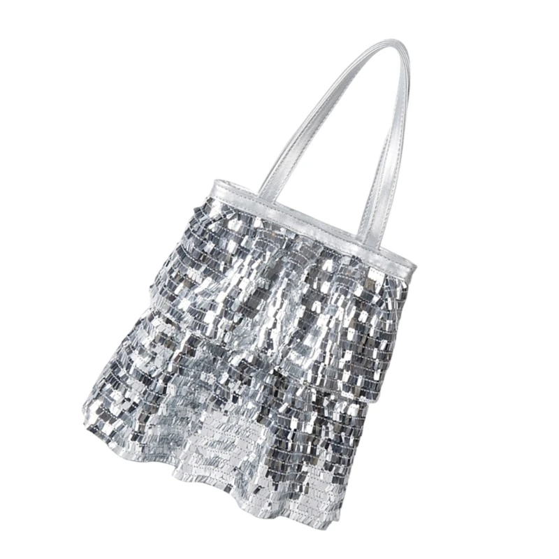 

652F Large Capacity Glitter Sequins Toted Bag Trendy Shoulder Bags Purse Handbag with Closure for Shopping Beach