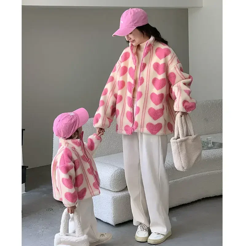 Mother and Dughter Pink Thick Coat Winter Warm Woman Fleece Jacket Mom and Son Matching Sweatshirts with Zipper Baby Outerwear