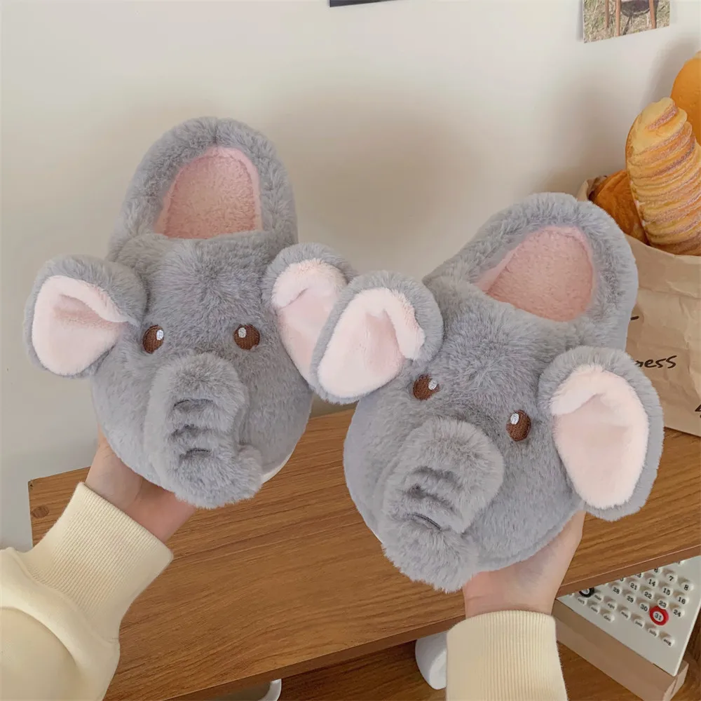 

Cute Elephant Single Band Winter New Women Slipper Soft Heel Platform Fur Warm Indoor Lady Comfortable Home Fluffy Home Slippers