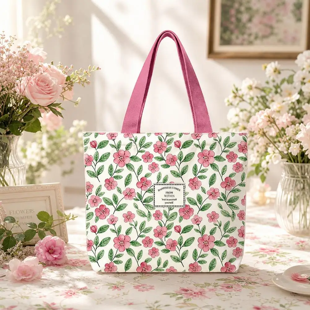 Canvas Floral Tote Bag Aesthetic Pink Flower Print Handbag Large Capacity Reusable Grocery Shopping Shoulder Bag Women Gifts