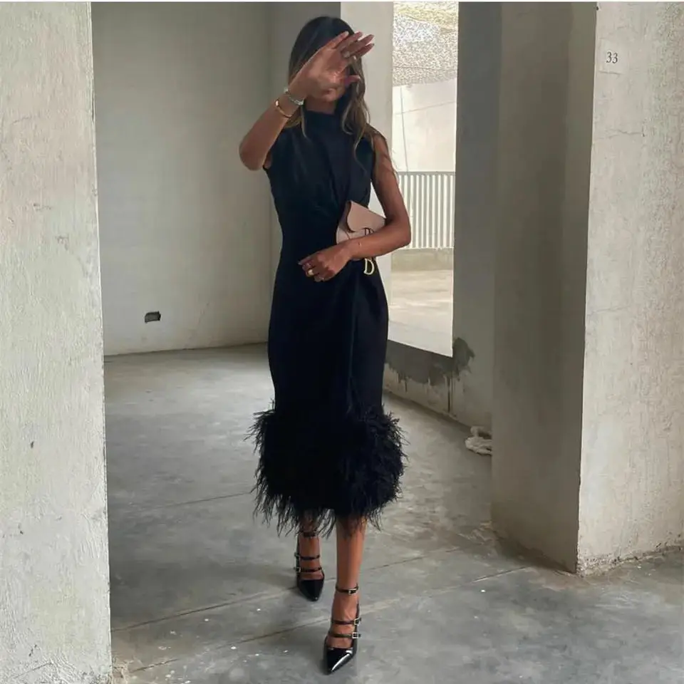 Short Black Muslim Evening Dresses With Feathers فساتين السهرة A-Line Party Gowns Prom Dress Tea Length Robe de soirée for Women