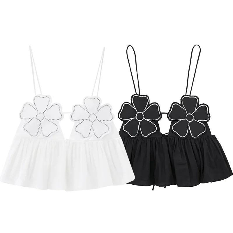 TRAF 2024 Rhinestone Black White Crop Top Women Flower Ruffle Sleeveless Backless Top Woman Fashion Summer Sexy Short Tops