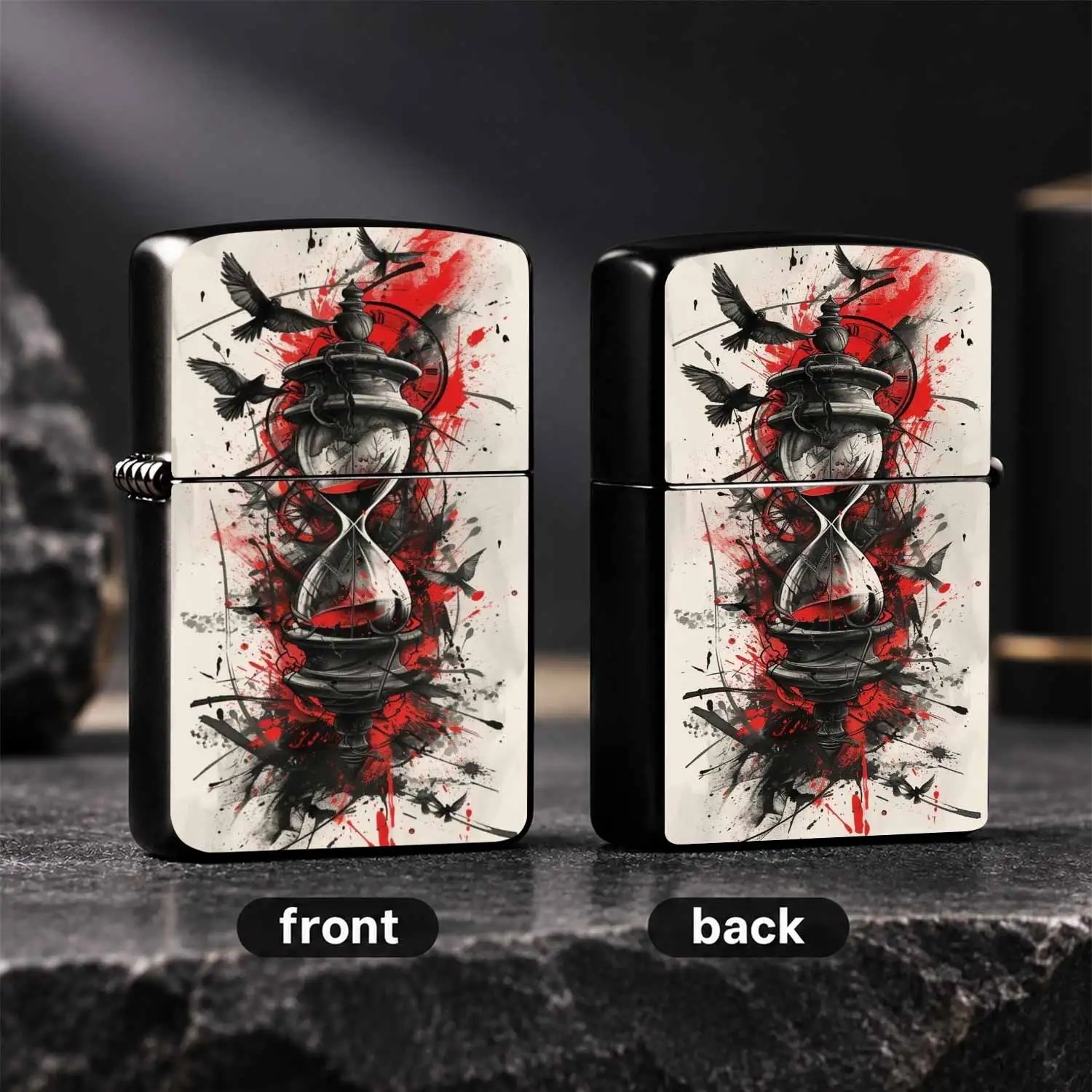 Artistic Hourglass Portable Lighter, Trendy Red-Black Splatter Ink Flying Bird Decor, Retro Vibe Time Themed Creative Accessory, Full-Scene Suitable Daily Practical Item, Unique Exquisite Gift For Festival Party Outdoor Casual Use A Humorou