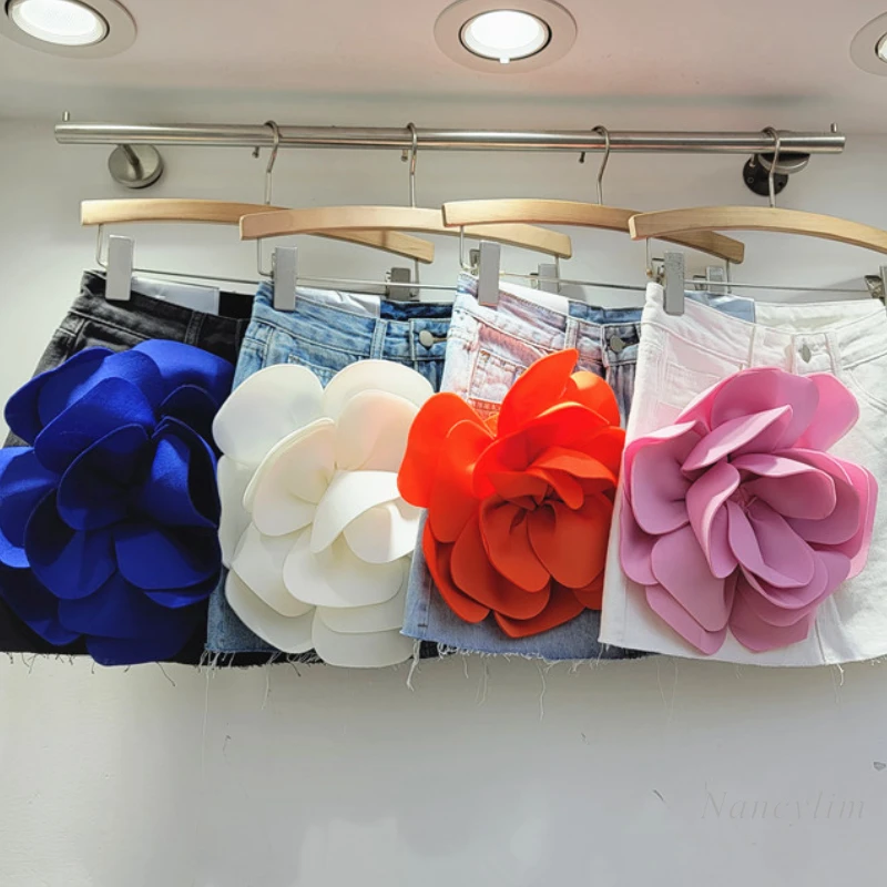 

High Waist Denim Skirt Women's 2024 Summer Design Three-Dimensional Flower Slimming Hot Girl Sheath Skirt Street Faldas