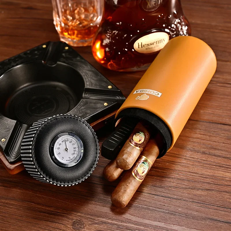 Travel Cigar Tube Jar Portable Cedar Wood Leather Humidor Box Cigar Case W/ Humidifer Hygrometer Fit 5 Cigars Humidor