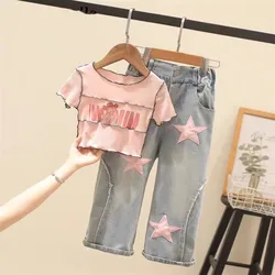 New Summer Girls Clothing Sets Spring Mid size Girls' Fashion High Waist Tight Short Sleeve+Spliced Bow Jeans Children Clothes