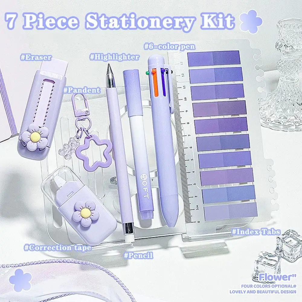 7pcs Flower Themed Cute Stationery Set Push Pull Eraser Index Tabs Writing Set Correction Tape 5 in 1 Multi Color Pen